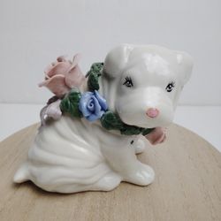 Vintage Porcelain Puppy Dog with Italian Capodimonte Flowers 
