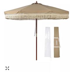 9' Fringe Patio Umbrella with Tassels UPF50+ Boho Style 5-Year-Non-Fading