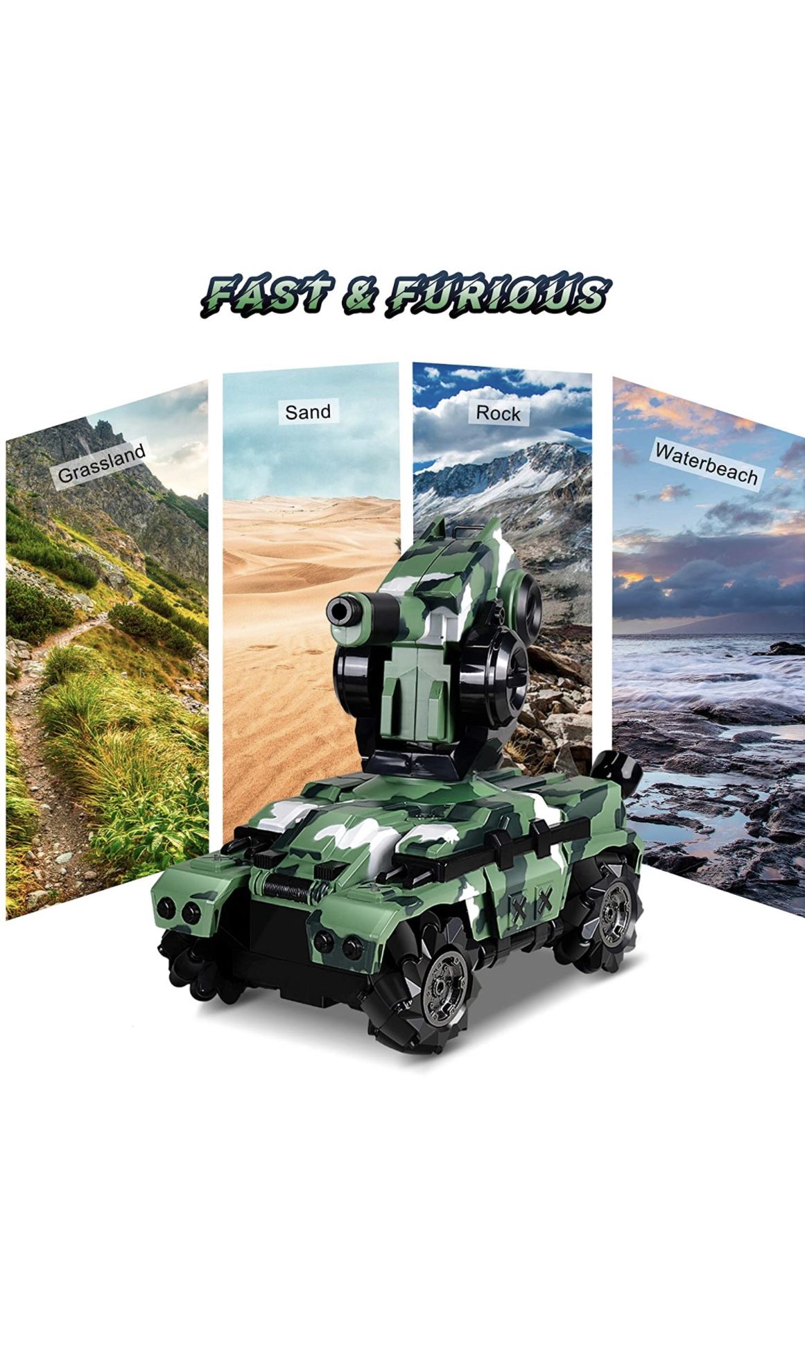 Remote Control Car RC Tank Car Waterproof with 180° Rotating Shooting & 360° Rotating Vehicle,