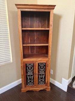 Rustic Wood Bookcase Cabinet with Carved Doors