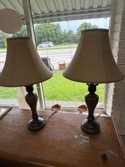 Pair of Traditional Dark Bronze & Marble-Style Urn Table Lamps with Shades