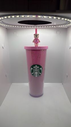 Pink with Gold Flakes Starbucks Collectible Cup W Bear Straw