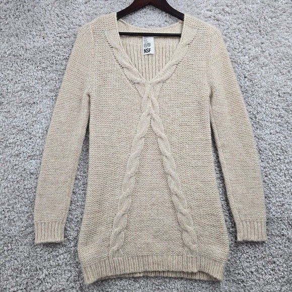 NSF Cable Knit Sweater Womens Medium Beige Alpaca Wool V‑Neck Hand Loomed
