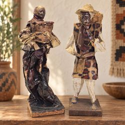 Vintage Mexican Paper Mache Fish Seller Pair Folk Art Woven Basket Figures 12in