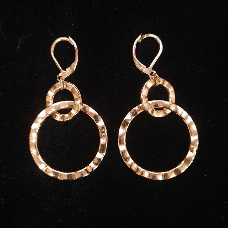 Rose Gold Tone Hammered Dangle Hoop Earrings Pierced Leverback Garold C Miller