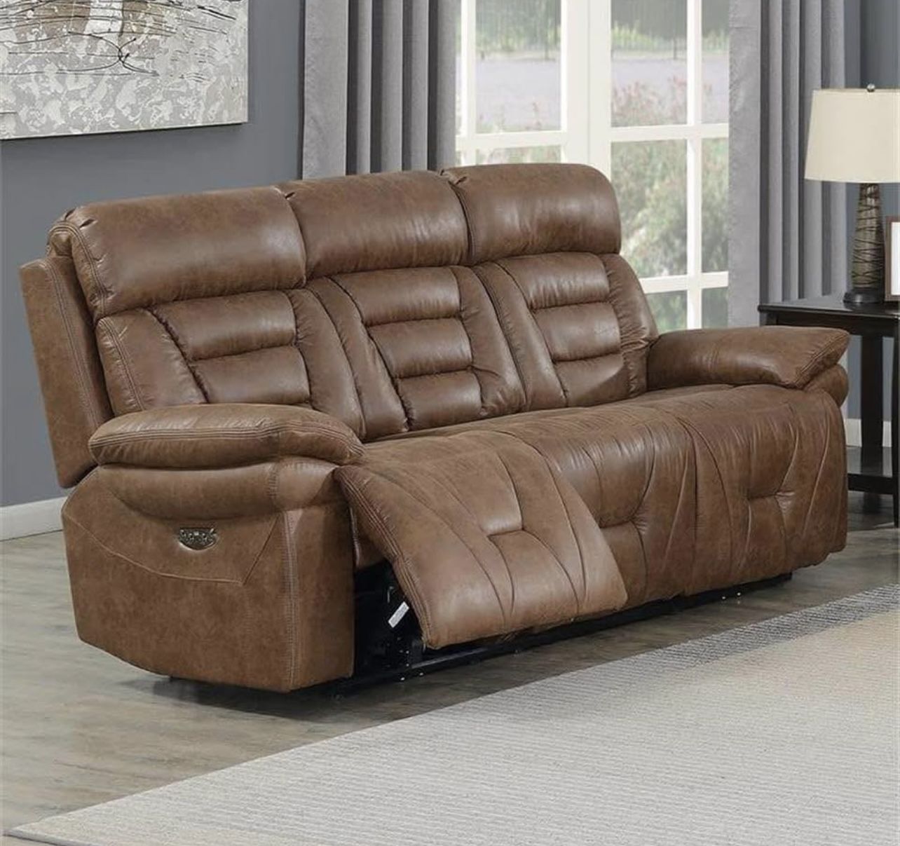 New Power Reclining Sofa, Camel Brown Color, Comfortable Suede Material - Steve Silver is the brand