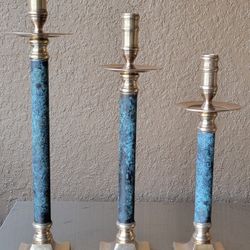 Vtg Brass Graduating Taper Candleholder Made In India Marble Design 