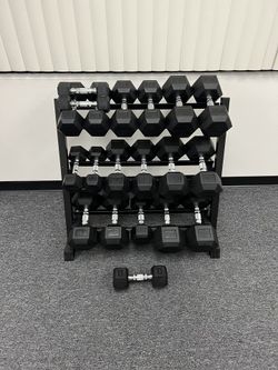 (New In Box) 5-50lb Rubber Hex Dumbbells With 3 Tier Dumbbell Rack Weights - Click On Out Profile For More Gym Equipment 