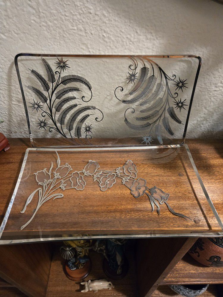2 Vintage Glass Trays with Silver Overlay Flower Design