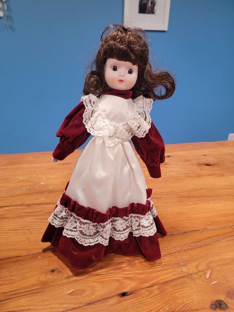 Porcelain Doll 14 inch ~ Includes Metal Stand, Maroon & Ivory Dress, Brown Hair