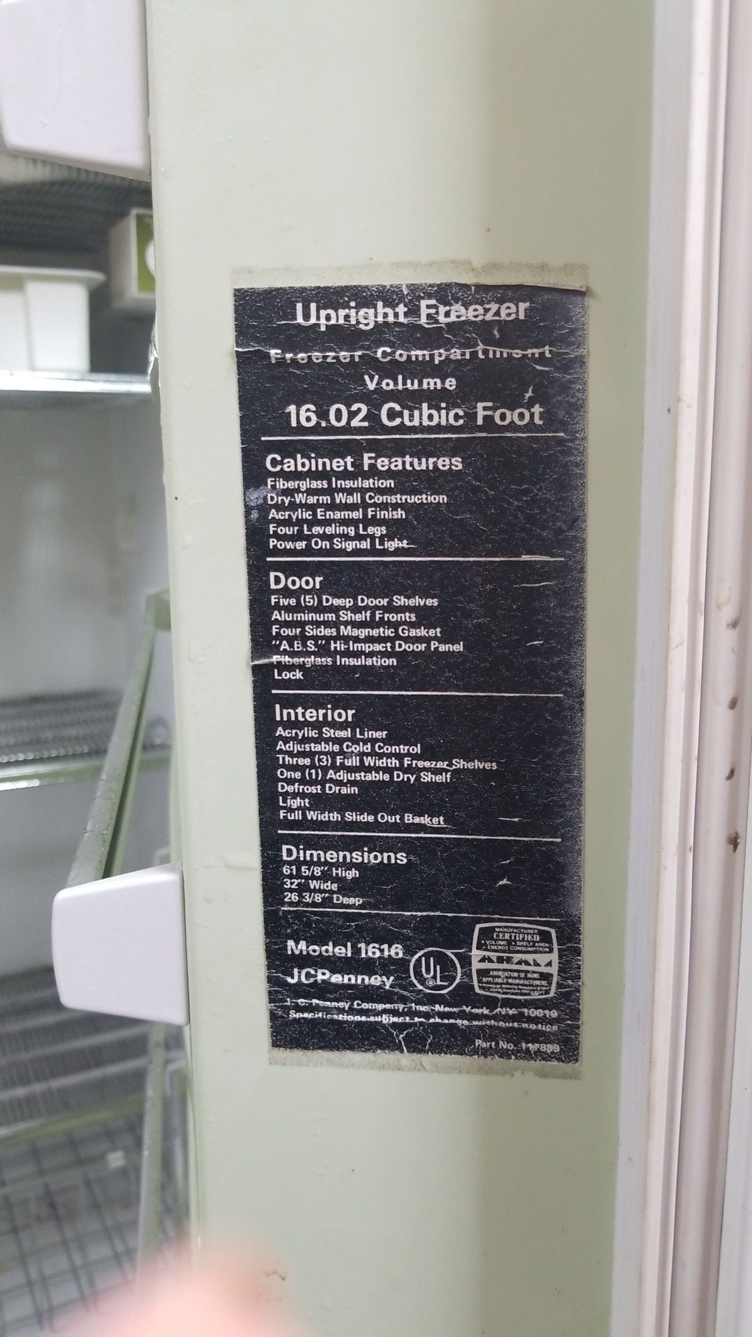 JCPenney Model 1616 16.02 Cubic Foot Upright Freezer for Sale in