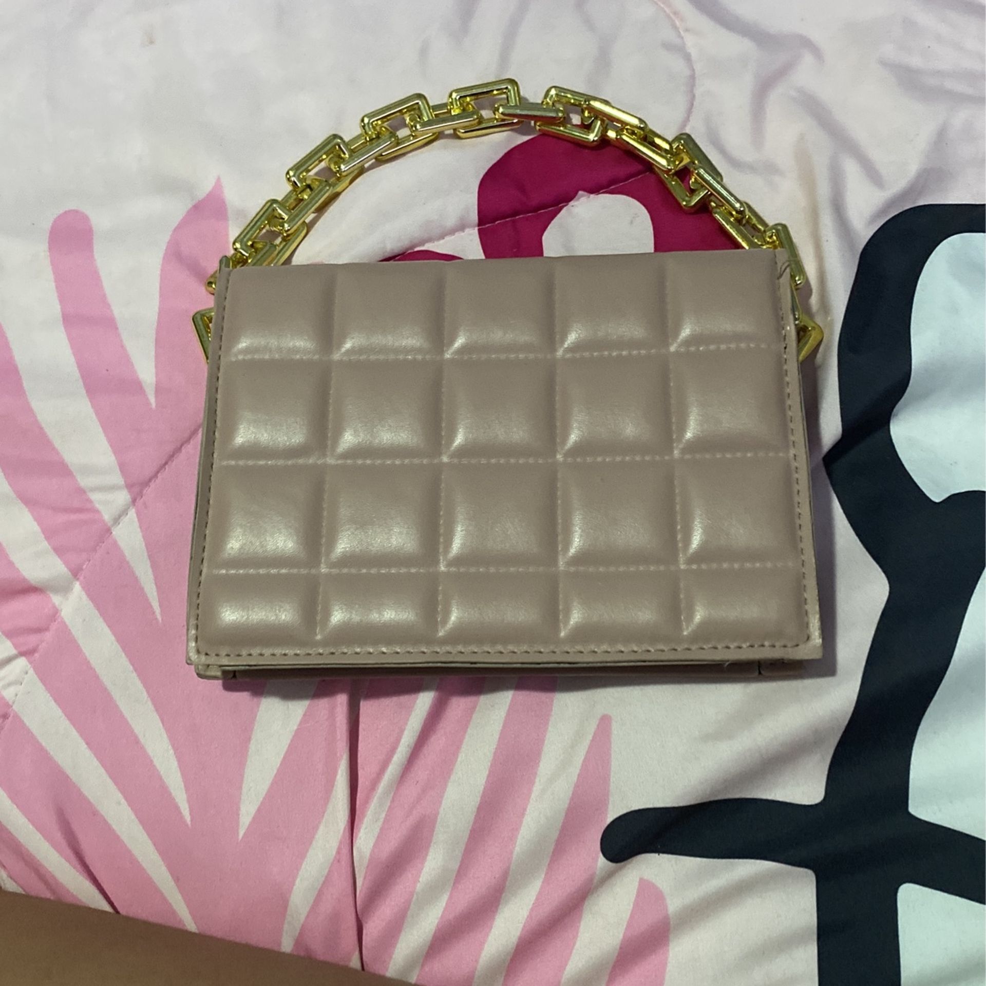nude like pink purse with gold chain strap