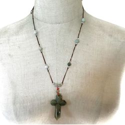 Jade Cross Pendant Necklace On Red Cord 