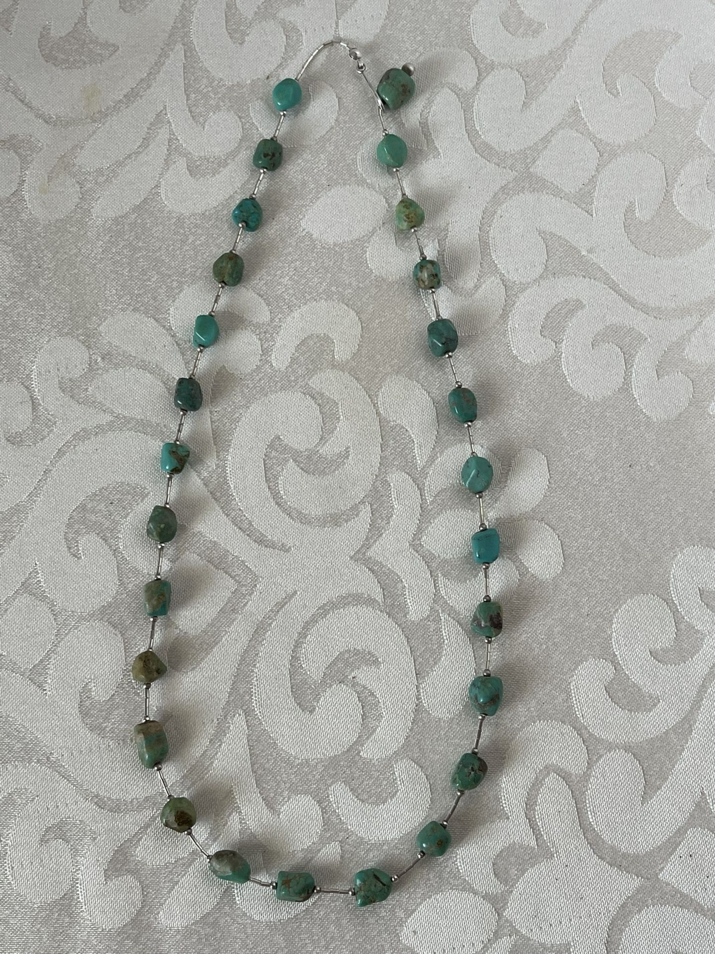 Vintage Navajo Native American Liquid Silver & Turquoise Nuggets Necklace 21”