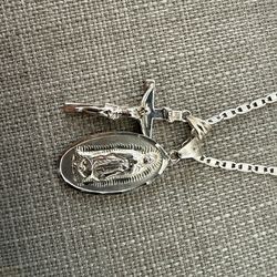 925 Silver Crucifix And Holy Mother Mary Necklace/Chain set