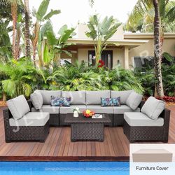 NEW🔥Outdoor Patio Furniture 7 Pc Set Brown Wicker Grey 5” cushions adjustable storage table w/coverASSEMBLED