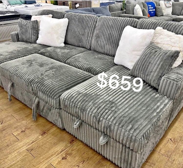 $659 No Tax Convertible Sectional Sofa - Double Chaise With Storage & Pull - Out Bed