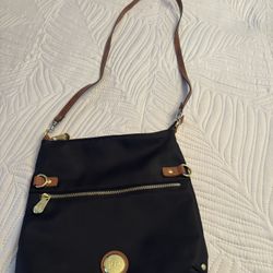 Joy Mangano Black And Gold Nylon And Leather Crossbody Bag 