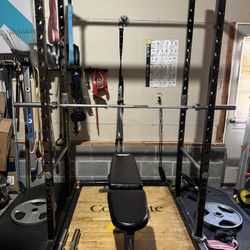 Weight Rack, Deadlift Platform, Bench, And Equipment 