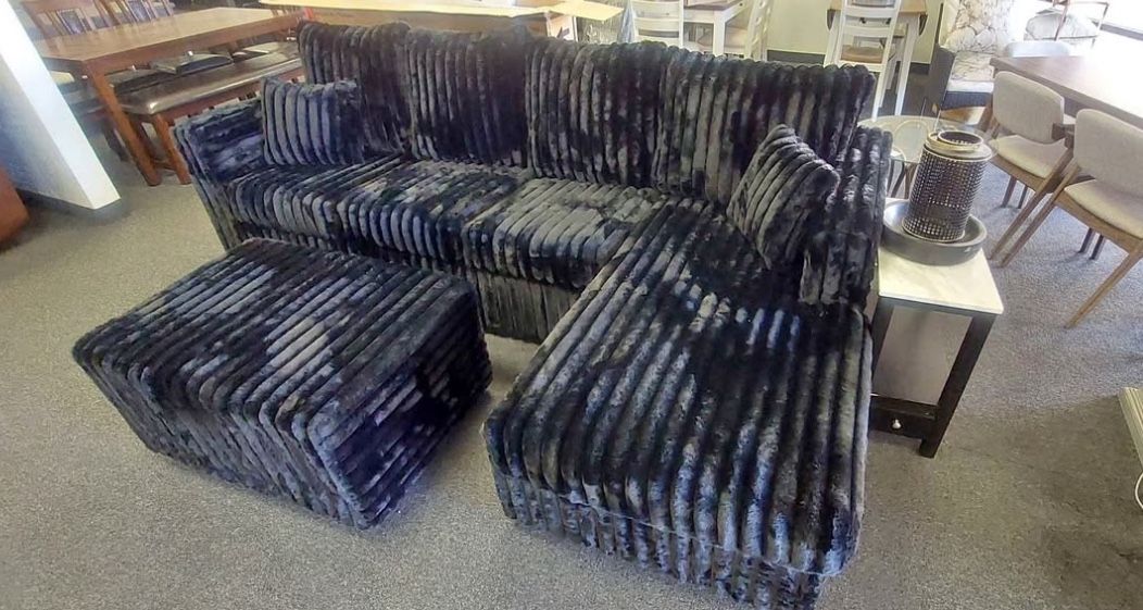 Black Corduroy Sectional Couch With Ottoman