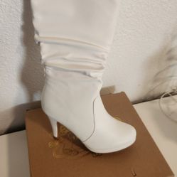 WHITE MATTE MID CALF HIGH HEEL BOOTS