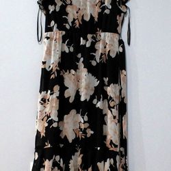 Calvin Klein Women's Size XL Black Flutter Sleeveless Belted Floral Maxi Dress