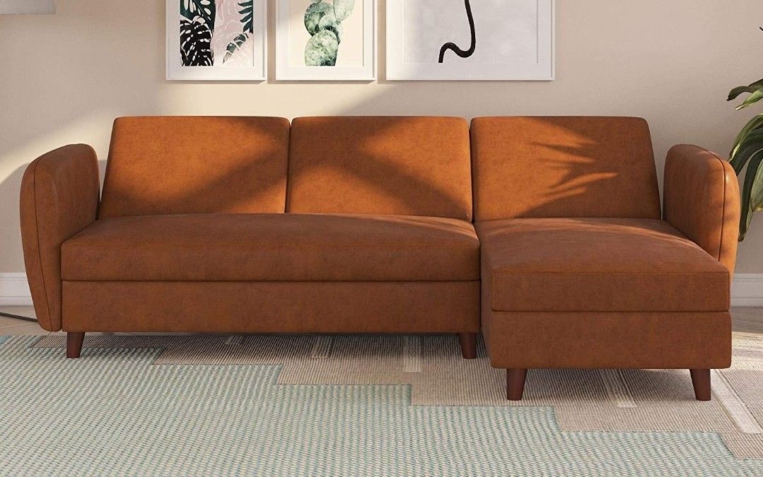 Novogratz Perry Sectional Storage, Convertible Sleeper, Camel Faux Leather Futon 2 box set , retail $970.28