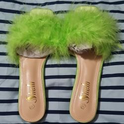 Limen Green, Fuzzy Detail Slip On Flat Sandals Size  US 7.5