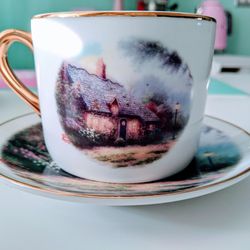 Thomas Kinkade Moonlight Cottage Gold Rim Tea Cup and Saucer