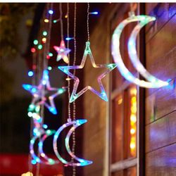 138 LEDs Curtain Lights, 11.5FT Christmas Moon Star Window Fairy String Lights,USB and Battery Powered for Indoor Window, Kid Bedroom, Patio, Front Po