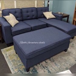 Dark Blue Sectional Sofa W/ Ottoman 81”x 60”