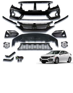For 2017 -2021 Honda Civic Hatchback Front Bumper Kit w/ Grille&Fog Light - 12Pcs