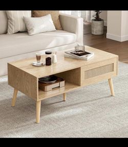 Rattan Wooden Coffee Table With Sliding Door On One Side