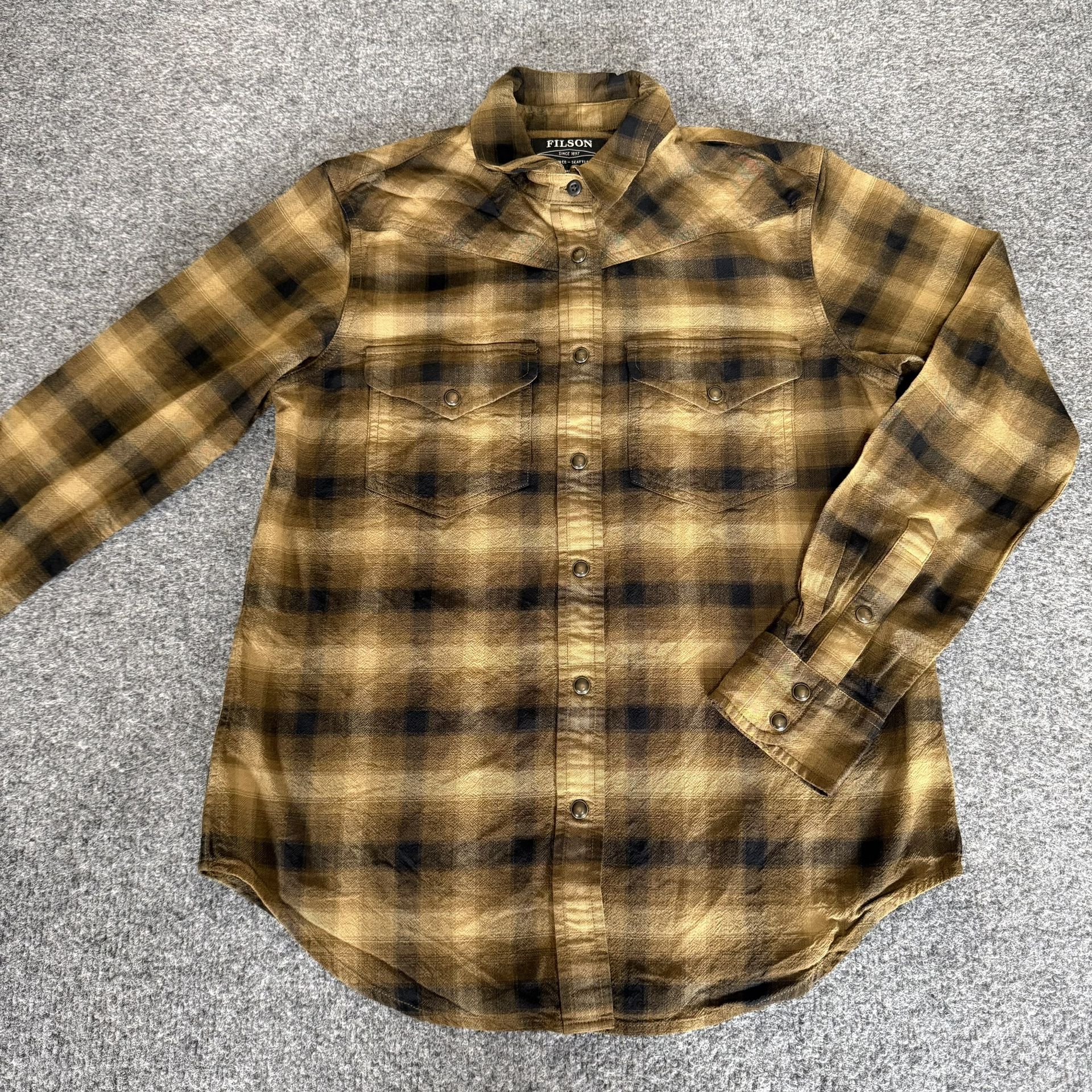 CC Filson Pioneer Wool Shirt Womens M Brown Plaid Long Sleeve Pearl Snap Outdoor