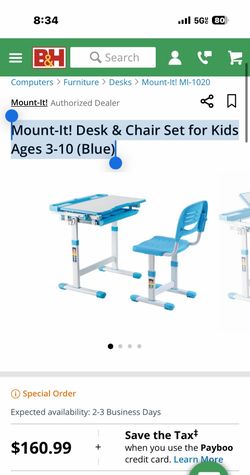 Kids Desk and Chair Set designed for children ages 3-10, featuring a blue and white color scheme.The workstation includes ergonomic features such as a