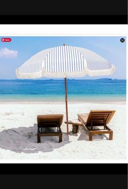 7ft Patio Pool Fringe Umbrella Blue & White Stripe with Fringe Tassels, UV 50+ BRAND NEW!  OFFERS WELCOME!!!