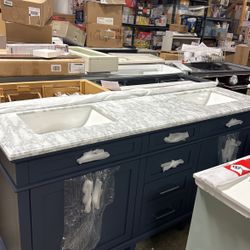 Home Decorators Collection Sonoma 72 in. W x 22 in. D x 34 in. H Double Sink Bath Vanity in Midnight Blue with Carrara Marble Top