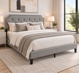 Queen Size Gray Upholstered Platform Bed Frame