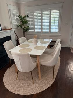 Set of 6 Cream Velvet Dining Chairs w/ Gold Legs - Everly Quinn Karina