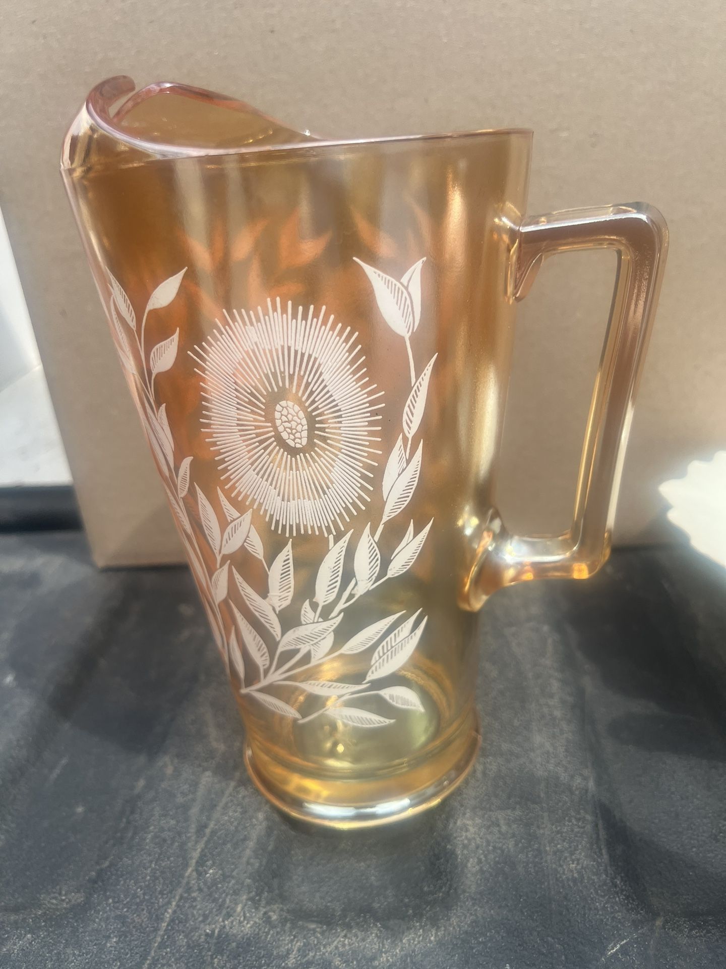 Jeanette Marigold Carnival Glass Pitcher White Flowers Iridescent Orange Cosmo