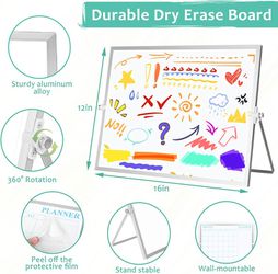 NEW Double-Sided Dry Erase Board, Dry Erase Calendar 16’’x12” Magnetic Desktop Whiteboard w/ Stand Thumbnail
