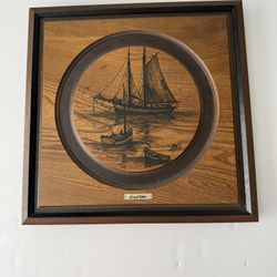 Vintage Frank Gikin Nautical Wood Art - MCM Square Maritime Etching
