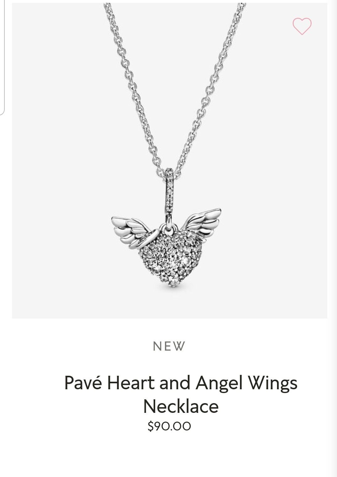Pandora pave heart & angel wings necklace
