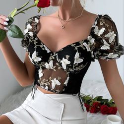 Black mesh lace butterfly Women's Lady's crop corset Top Blouse Gift
S M L XL
