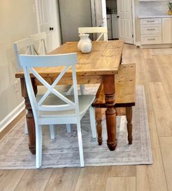 Farmhouse table, chairs and bench