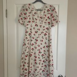 White Elegant Dress With Cherry Print