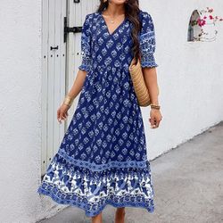 Dresses for Women Summer Smocked Puff Sleeve Bohemian Floral Maxi Dress Beach Sundress
