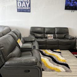 Madrid, gray leather reclining sofa and loveseat set now only $999. Easy finance option. Same day delivery.