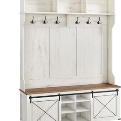 Hall Tree with Bench and Shoe Storage, Coat Rack with Shoe Bench, Entryway Furniture, 6 Tri-Hooks, Sliding Door, Farmhouse Style, Space Saving, Rustic