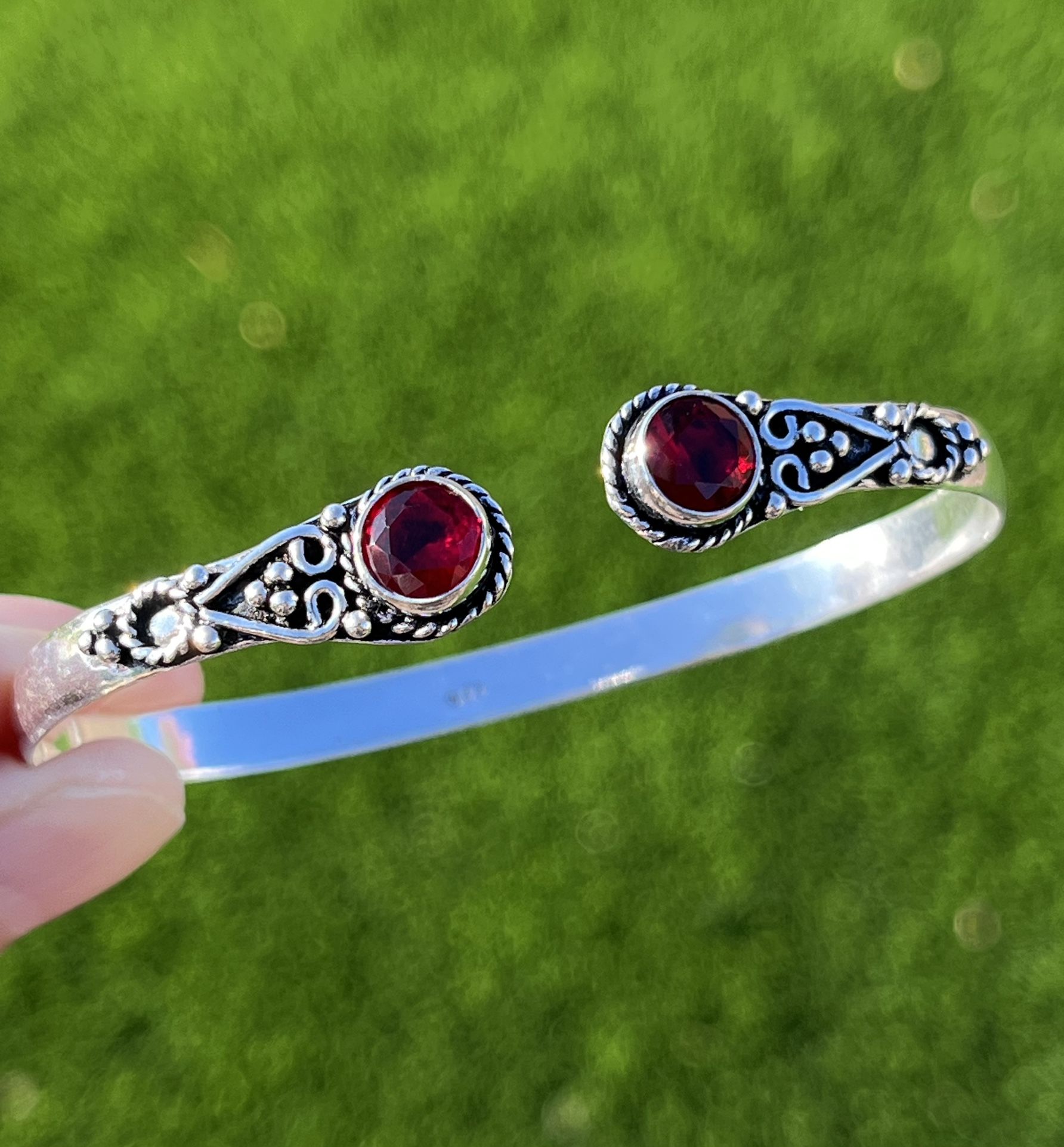 Garnet 925 Sterling Silver Adjustable Cuff Bangle Bracelet